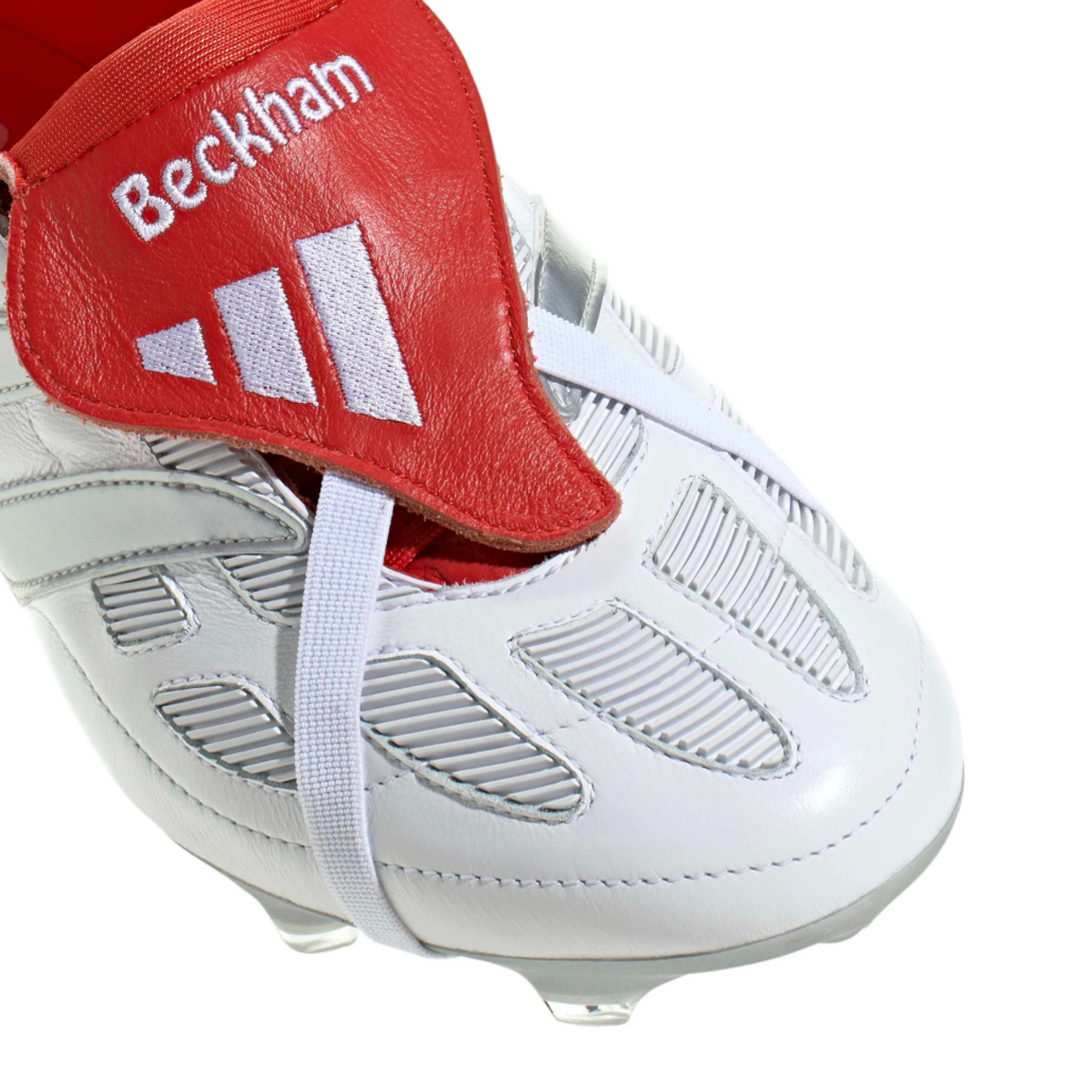 Languette repliable rouge brodée Beckham et sangle élastique de la Predator Precision Remade d'adidas