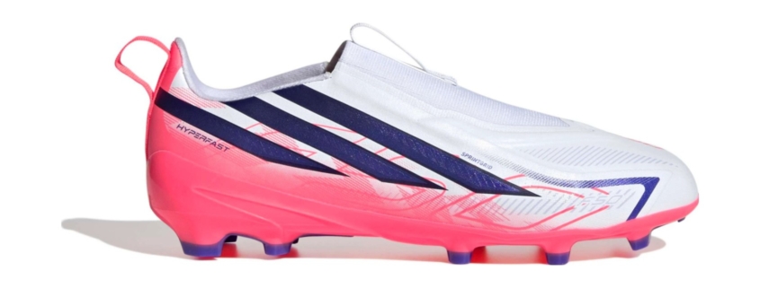 Chaussure de foot enfant adidas F50 Hyperfast League sans lacets, vue de profil