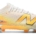New Balance Furon v9 Elite FG blanc cassé avec dégradé orange et jaune, vue de profil