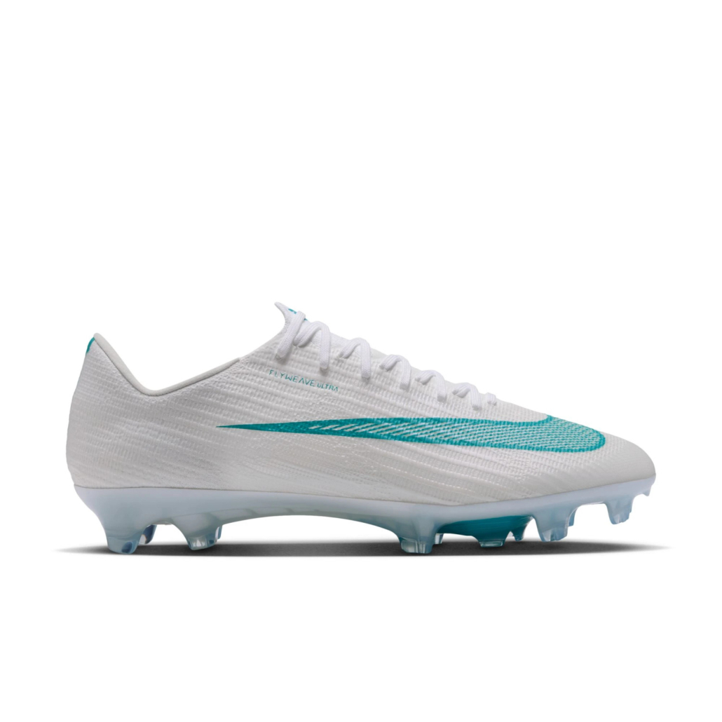 Nike Mercurial Superfly 11 Elite FG blanche avec Swoosh turquoise, pack Bright Lights, vue de profil