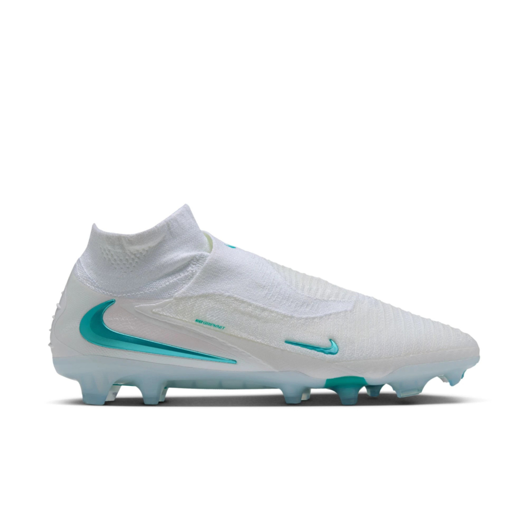 Nike Phantom 6 montante Elite FG blanche avec col haut, pack Bright Lights, vue de profil