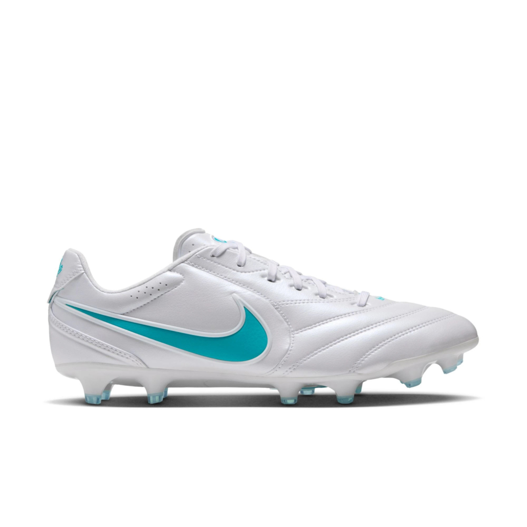 Nike Tiempo Ligera Pro FG blanche nacrée et turquoise, pack Bright Lights, vue de profil